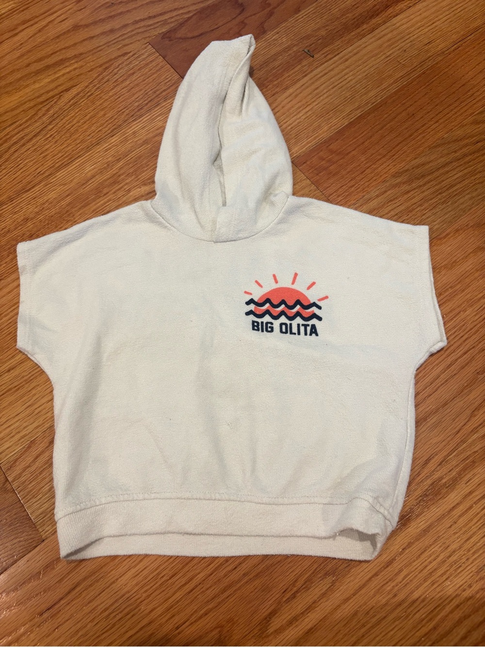 Zara Toddler Cream Hooded Tee Big Olita Terry Cloth with Coral Sun Graphic
